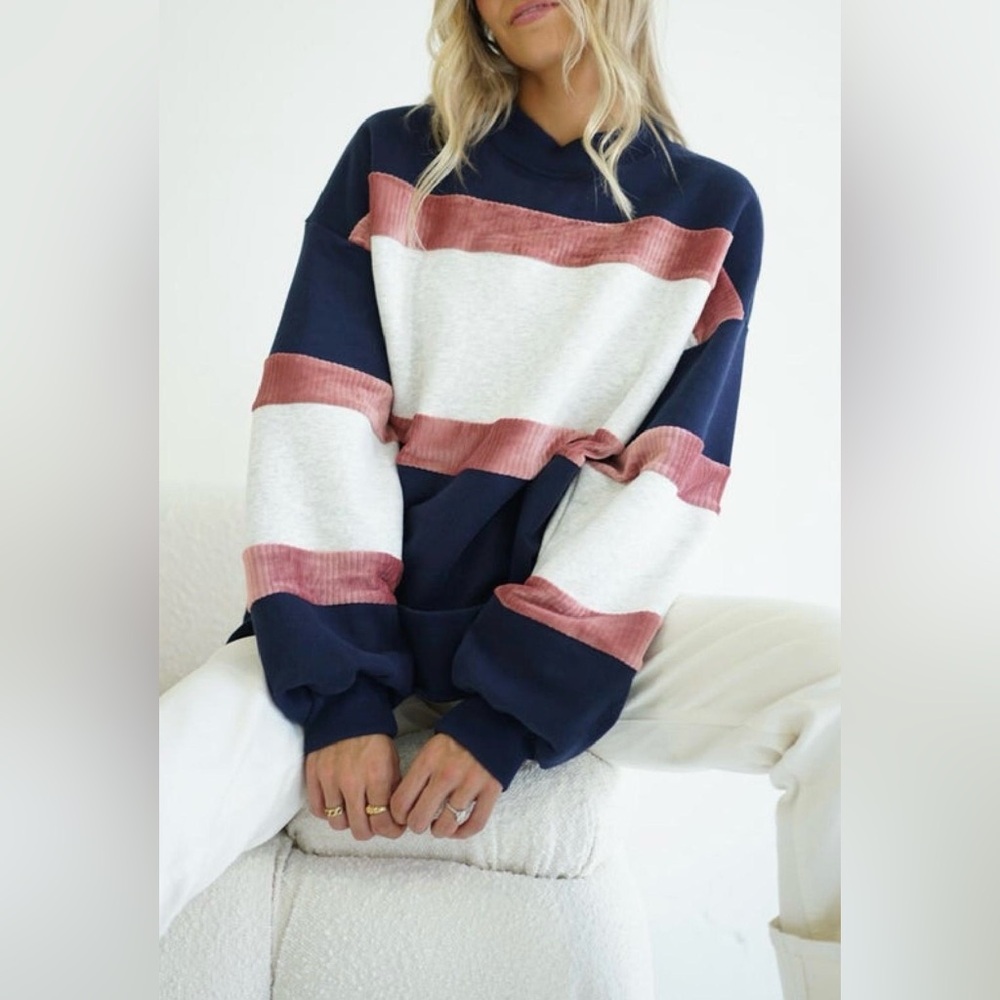 NWT YLLW DALTON RETRO VELOUR STRIPE SWEATSHIRT, SIZE LARGE